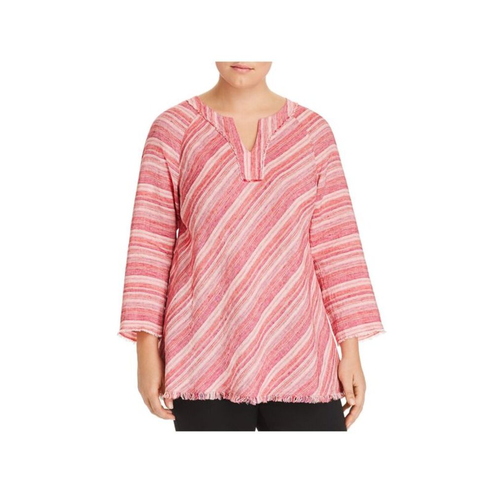 NIC+ZOE Womens Fringed Pleated Split Neck 3/4 Sleeve Tunic Top